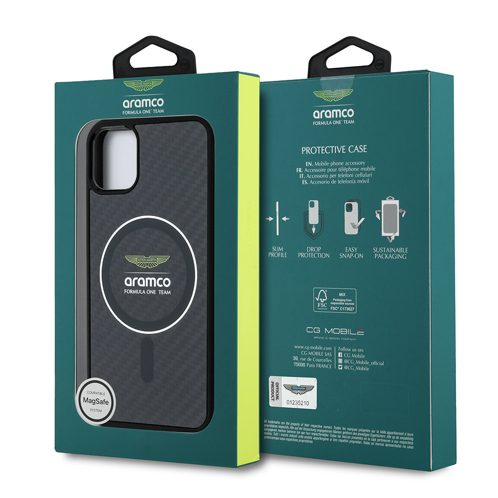 iPhone 11 Kılıf Aston Martin Orjinal Lisanslı M-safe Şarj Özellikli Renkli Halka ve Karbon Fiber Tasarımlı Kapak