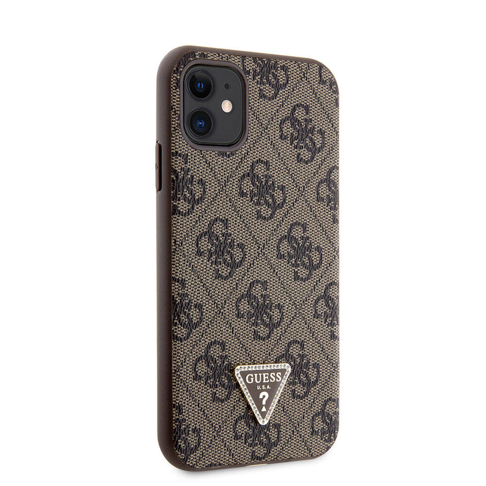 iPhone 11 Kılıf Guess Orjinal Lisanslı PU Deri Taşlı Üçgen Logo 4G Desenli Kapak