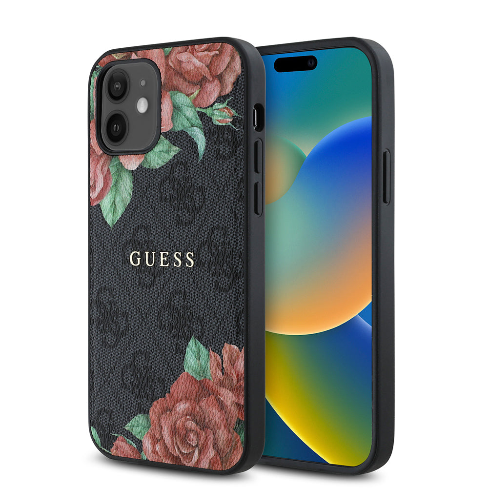 iPhone 12 Kılıf Guess Orjinal Lisanslı M-safe Şarj Özellikli Gül Baskılı 4G Desenli Yazı Logolu Kapak