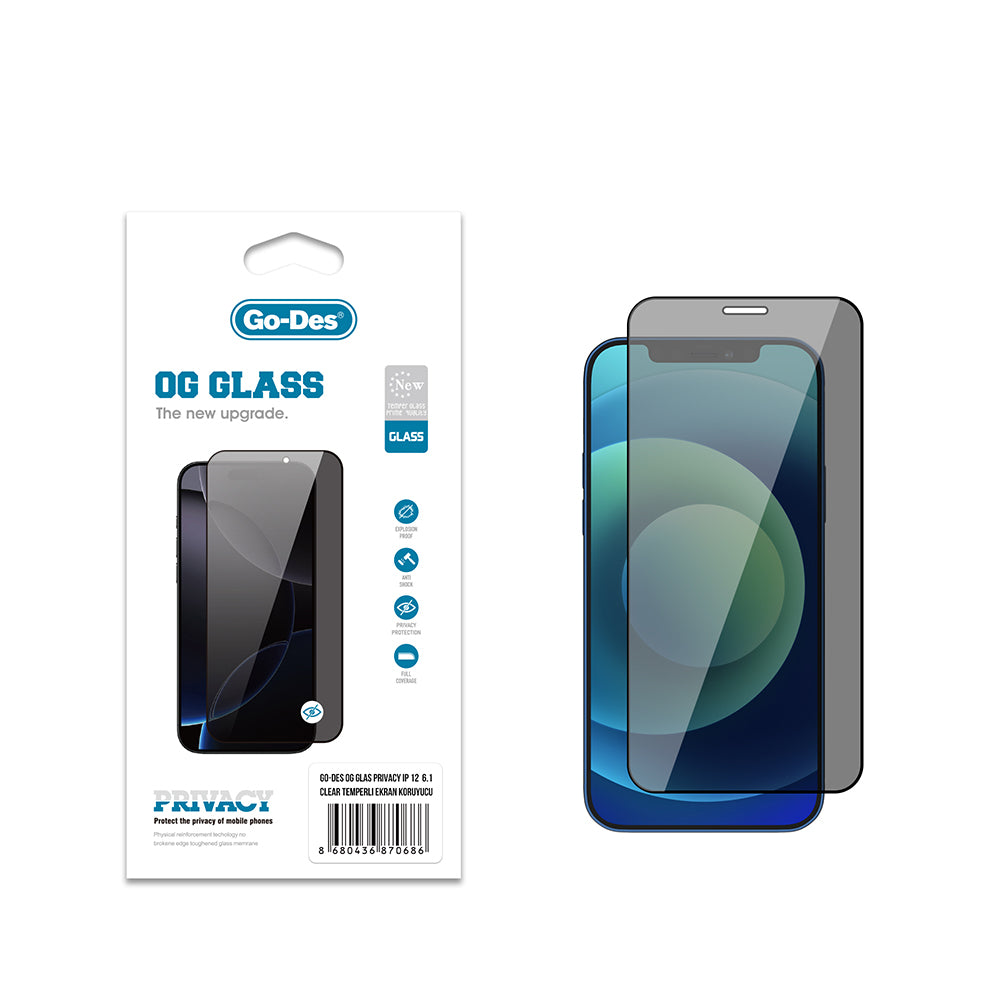 iPhone 12 Pro Go Des OG Glass Privacy Antistatik Temperli Cam Ekran Koruyucu