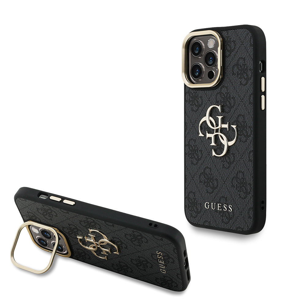 iPhone 13 Pro Max Kılıf Guess Orjinal Lisanslı PU Deri 4G Desenli Metal Büyük 4G ve Yazı Logolu Kamera Standlı Kapak