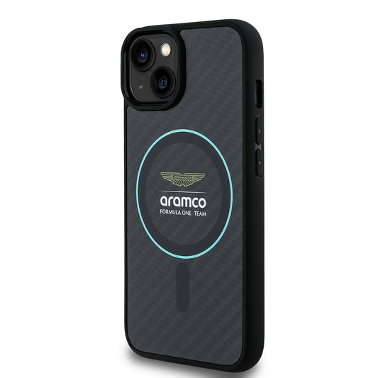 iPhone 14 Kılıf Aston Martin Orjinal Lisanslı M-safe Şarj Özellikli Renkli Halka ve Karbon Fiber Tasarımlı Kapak
