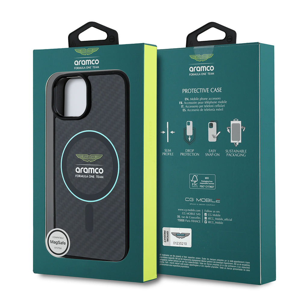 iPhone 14 Kılıf Aston Martin Orjinal Lisanslı M-safe Şarj Özellikli Renkli Halka ve Karbon Fiber Tasarımlı Kapak