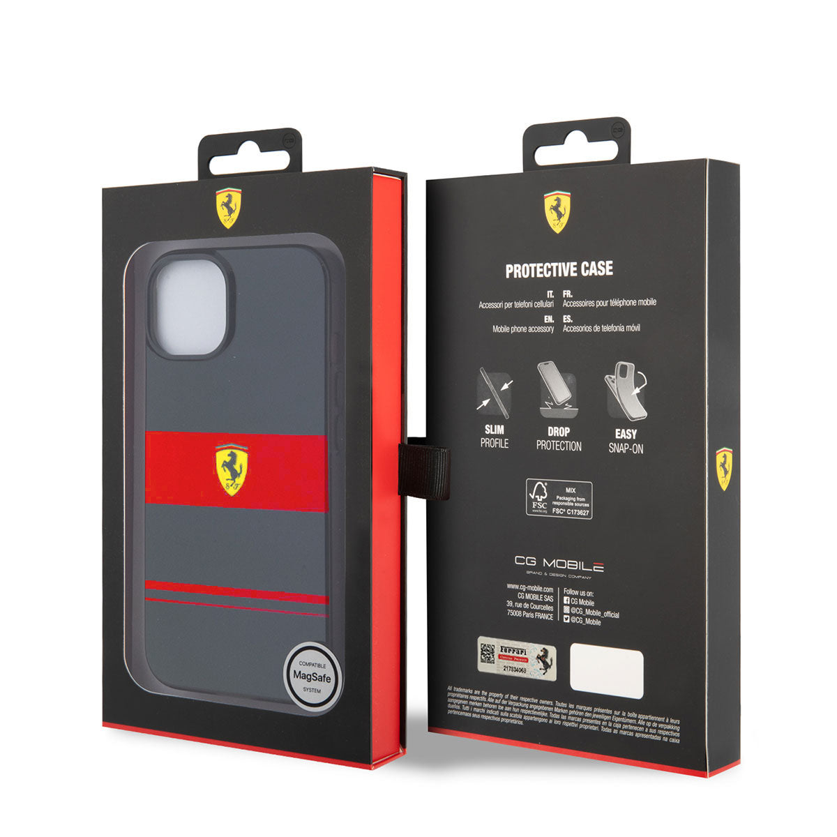 iPhone 14 Kılıf Ferrari Orjinal Lisanslı M-safe Şarj Özellikli Yatay Çizgili Dizayn Kapak