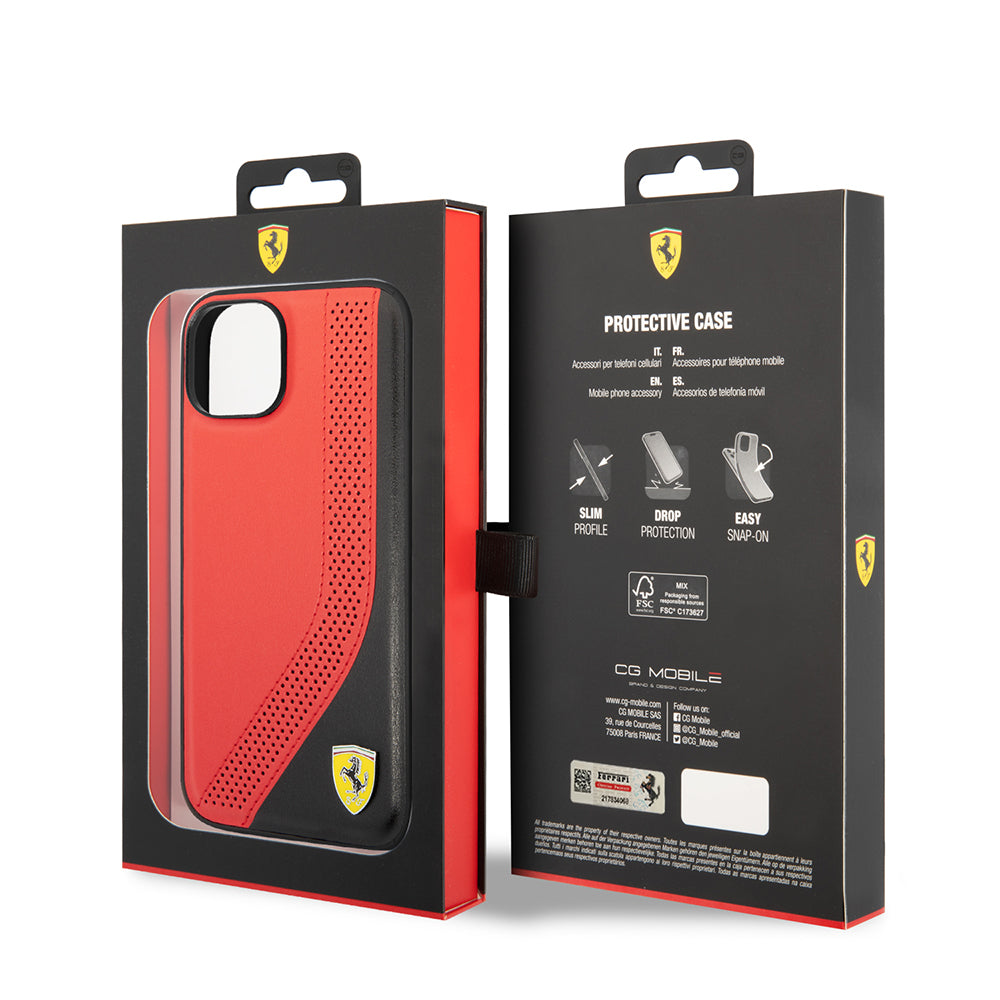 iPhone 14 Kılıf Ferrari Orjinal Lisanslı Metal Logolu Deri Delikli Dikişli Dizayn Kapak