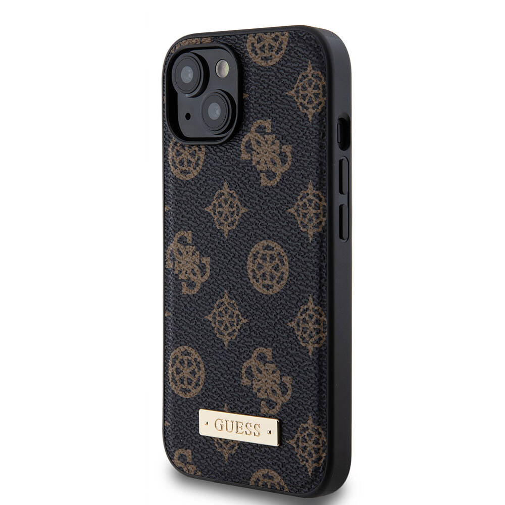 iPhone 14 Kılıf Guess M-safe Şarj Özellikli PU Deri Desenli Metal Plaka Logolu Kapak