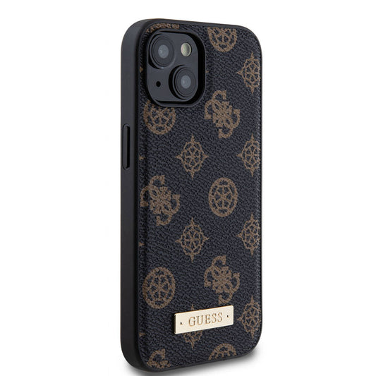 iPhone 14 Kılıf Guess M-safe Şarj Özellikli PU Deri Desenli Metal Plaka Logolu Kapak