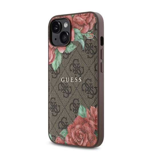 iPhone 14 Kılıf Guess Orjinal Lisanslı M-safe Şarj Özellikli Gül Baskılı 4G Desenli Yazı Logolu Kapak