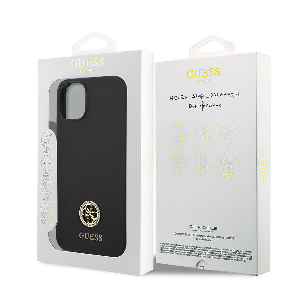 iPhone 14 Kılıf Guess Orjinal Lisanslı Yazı ve Taşlı 4G Logolu Silikon Kapak