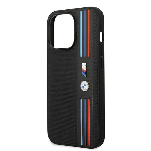 iPhone 14 Pro Kılıf BMW PU Deri 3 Renkli Çizgili Örgü Dizayn Kapak