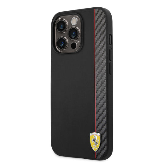 iPhone 14 Pro Kılıf Ferrari M-safe Şarj Özellikli Pu Deri Ve Karbon Şeritli Dizayn Kapak
