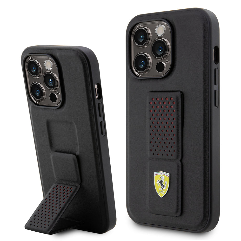 iPhone 14 Pro Kılıf Ferrari Orjinal Lisanlı Klasik Metal Logolu Delikli Standlı Deri Kapak