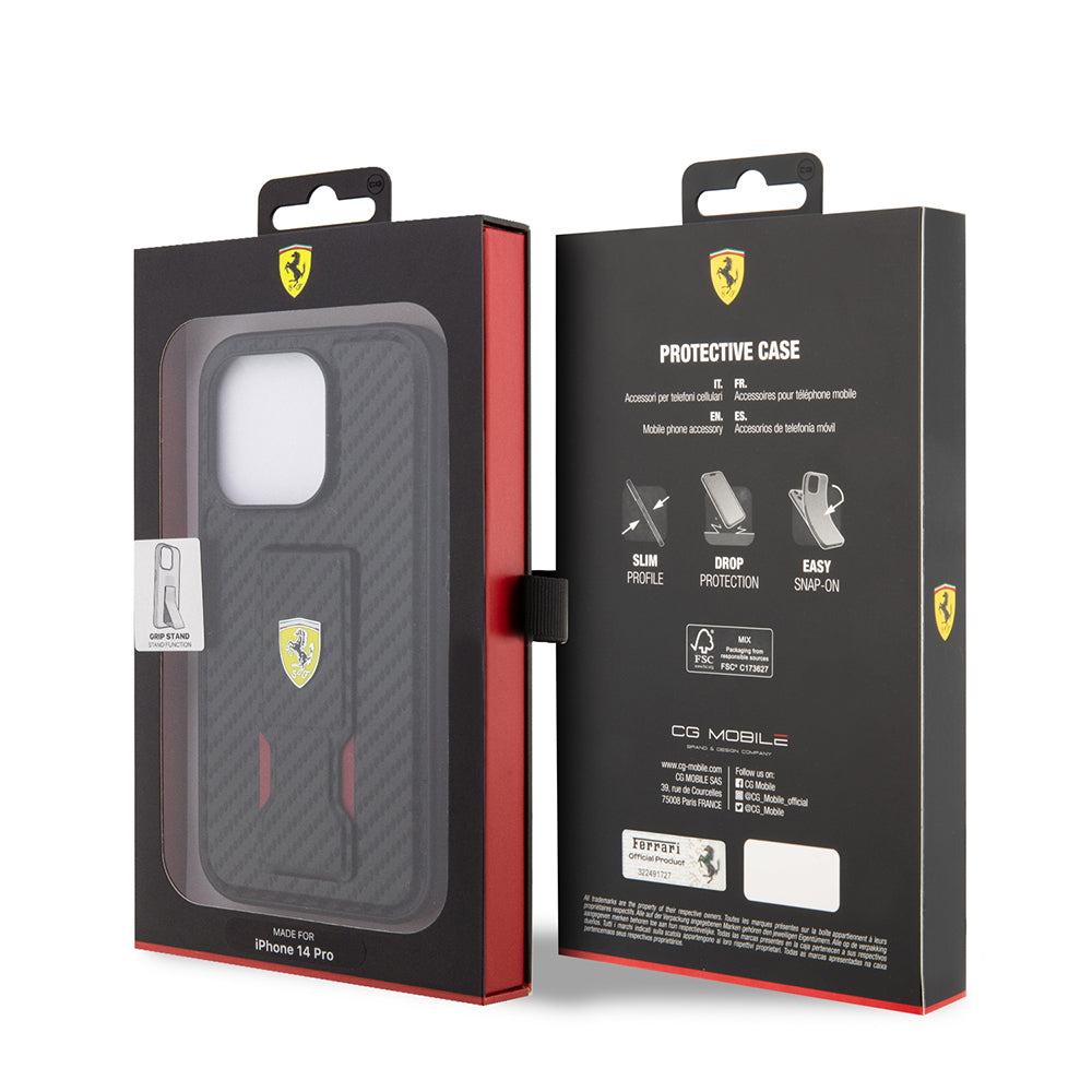 iPhone 14 Pro Kılıf Ferrari Orjinal Lisanlı Klasik Metal Logolu Delikli Standlı Karbon Kapak