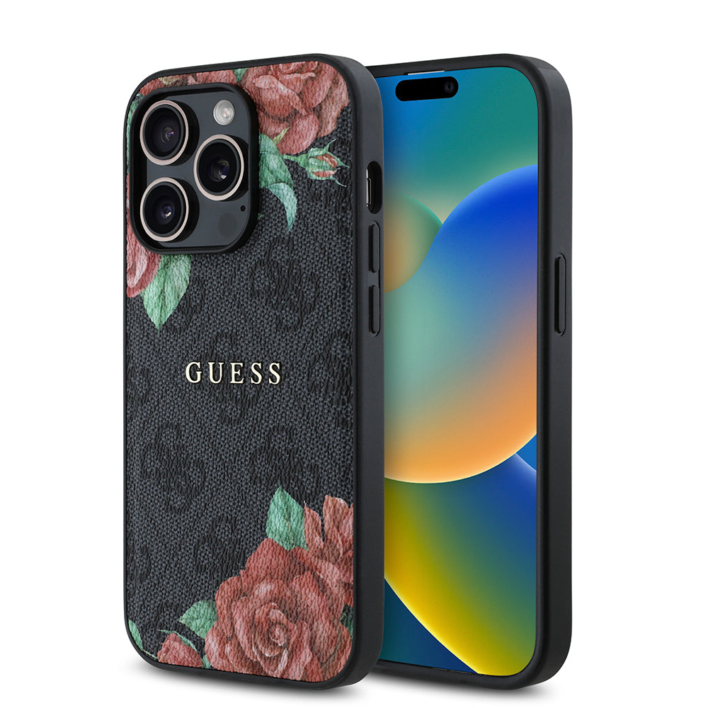 iPhone 14 Pro Kılıf Guess Orjinal Lisanslı M-safe Şarj Özellikli Gül Baskılı 4G Desenli Yazı Logolu Kapak