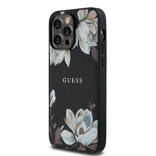iPhone 14 Pro Max Kılıf Guess Orjinal Lisanslı M-safe Şarj Özellikli Taneli Çiçek Tasarımlı Metal Yazı Logolu Kapak