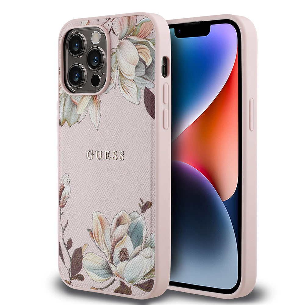 iPhone 14 Pro Max Kılıf Guess Orjinal Lisanslı M-safe Şarj Özellikli Taneli Çiçek Tasarımlı Metal Yazı Logolu Kapak
