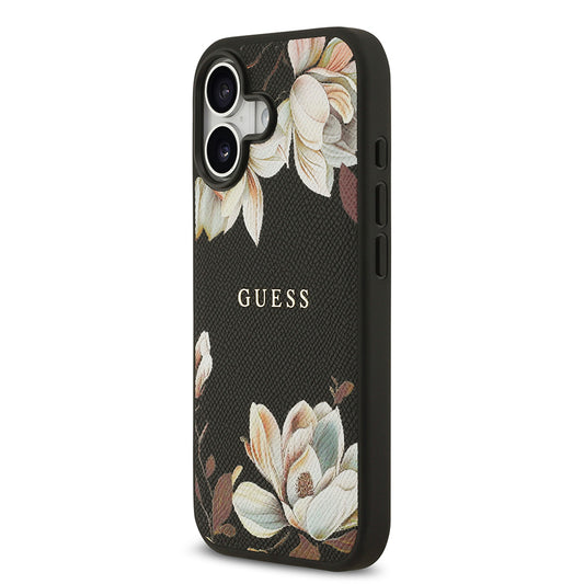 iPhone 17 Kılıf Guess Orjinal Lisanslı M-safe Şarj Özellikli Taneli Çiçek Tasarımlı Metal Yazı Logolu Kapak