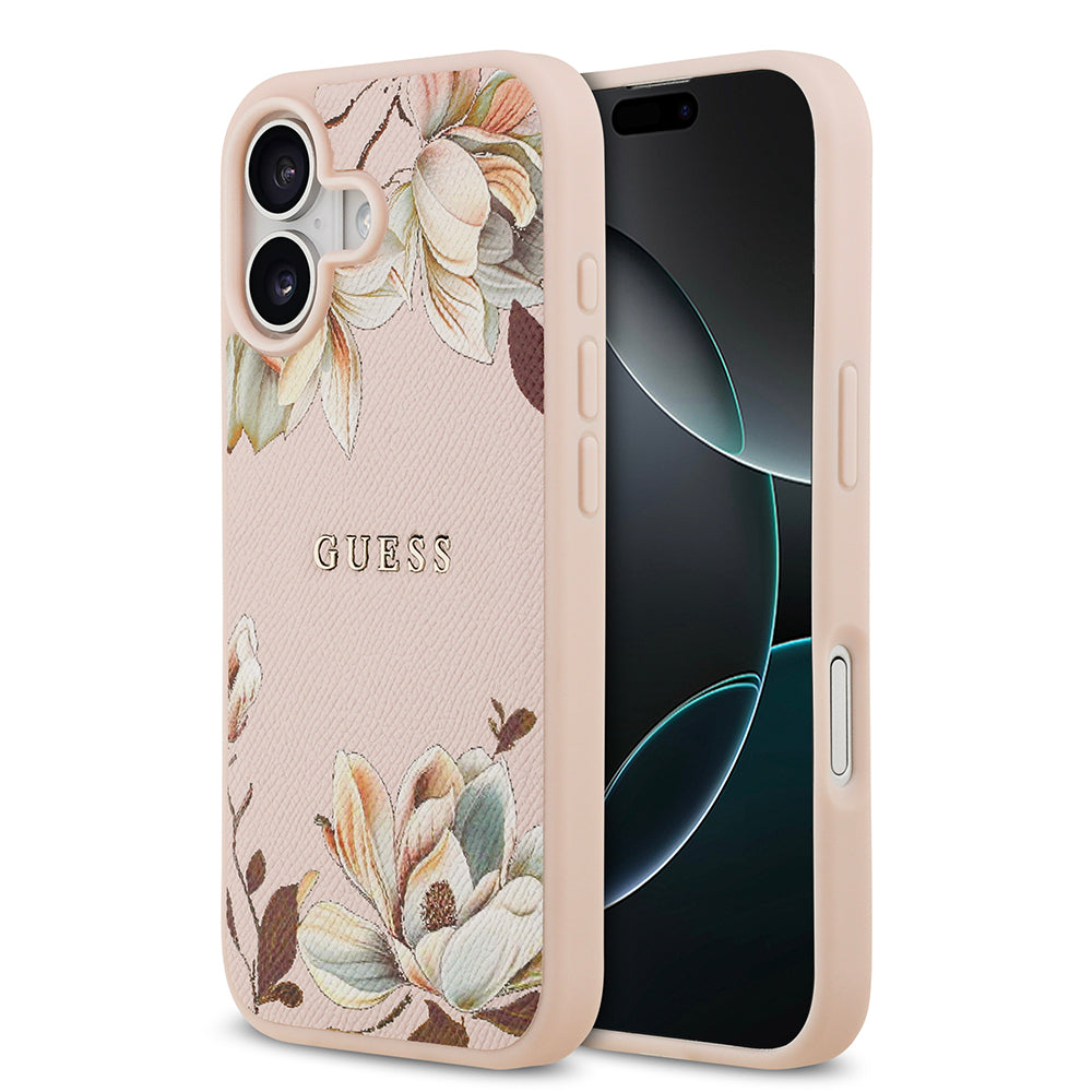 iPhone 17 Kılıf Guess Orjinal Lisanslı M-safe Şarj Özellikli Taneli Çiçek Tasarımlı Metal Yazı Logolu Kapak