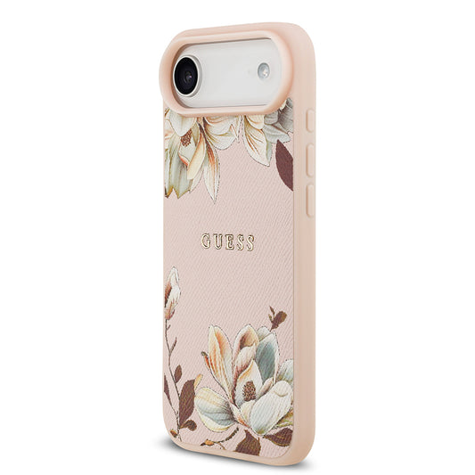 iPhone 17 Air Kılıf Guess Orjinal Lisanslı M-safe Şarj Özellikli Taneli Çiçek Tasarımlı Metal Yazı Logolu Kapak