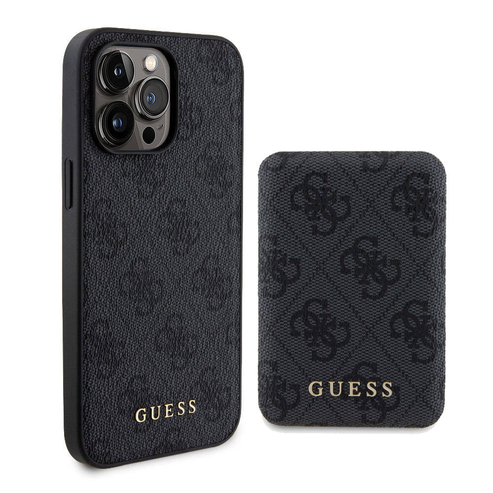 iPhone 14 Pro Max Kılıf Guess Orjinal Lisanslı M-safe Şarj Özellikli Yazı Logolu 4G Desenli Kapak + Powerbank 5000mAh 2in1 Set