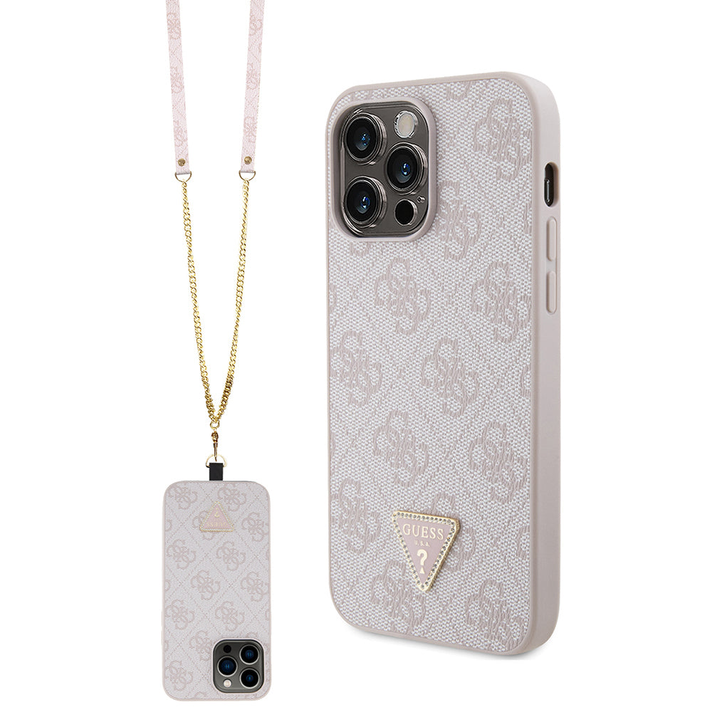 iPhone 14 Pro Max Kılıf Guess Orjinal Lisanslı PU Deri Taşlı Metal Üçgen Logolu Çapraz Vücut Askılı 4G Desenli Kapak