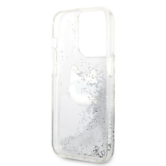 iPhone 14 Pro Max Kılıf Karl Lagerfeld Sıvılı Simli Choupette Head Dizayn Kapak