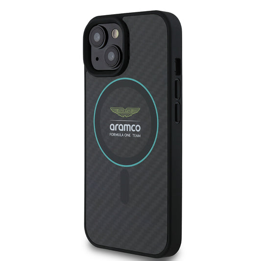 iPhone 15 Kılıf Aston Martin Orjinal Lisanslı M-safe Şarj Özellikli Renkli Halka ve Karbon Fiber Tasarımlı Kapak