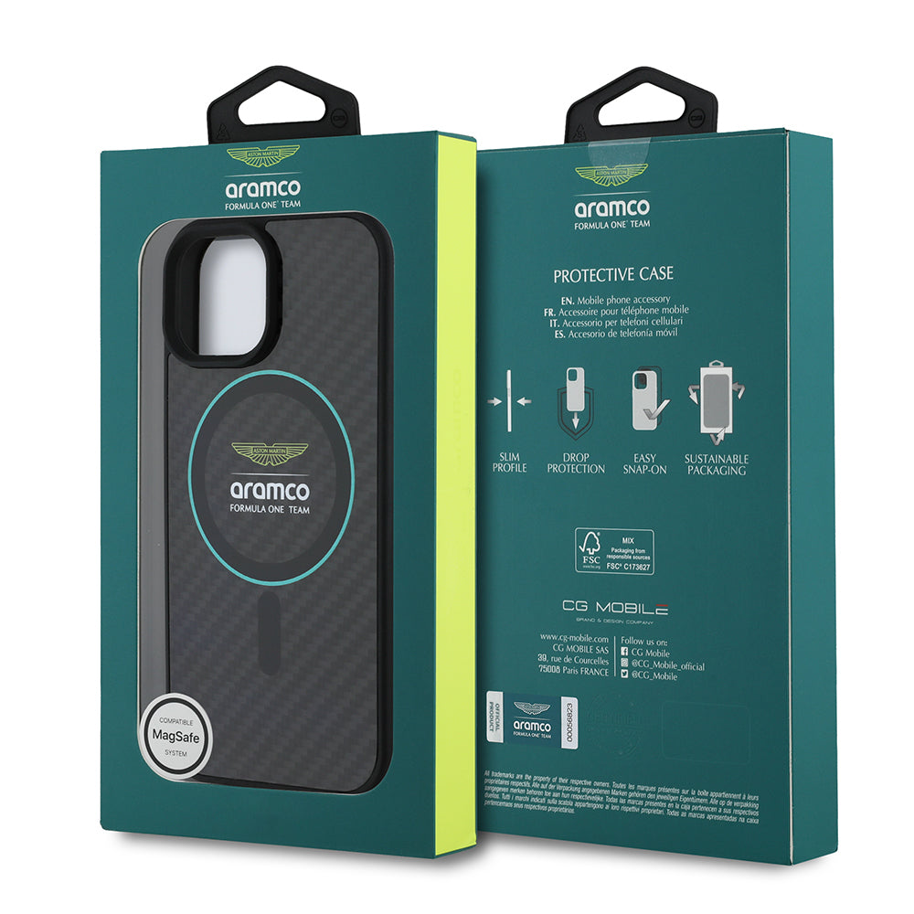 iPhone 15 Kılıf Aston Martin Orjinal Lisanslı M-safe Şarj Özellikli Renkli Halka ve Karbon Fiber Tasarımlı Kapak