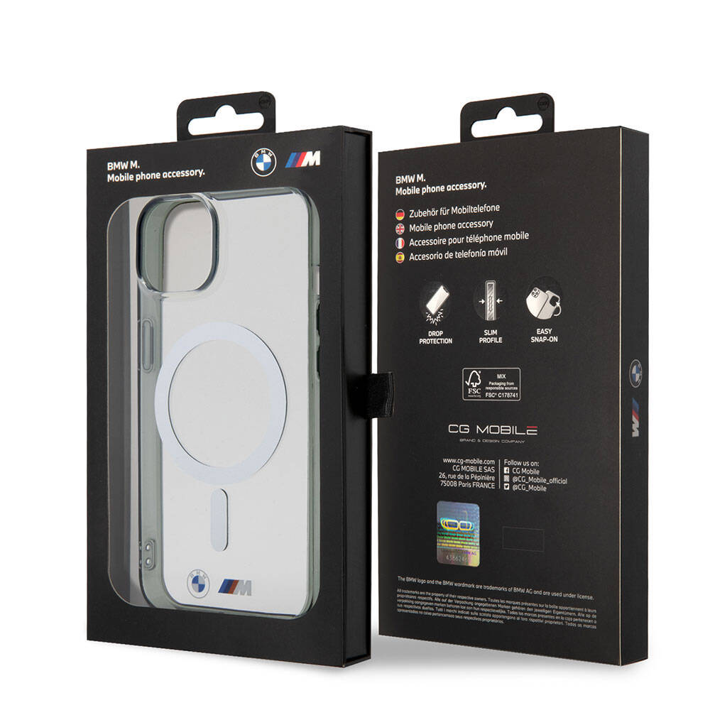 iPhone 15 Kılıf BMW M-safe Şarj Özellikli Transparan Silver Ring Orjinal Lisanslı Kapak