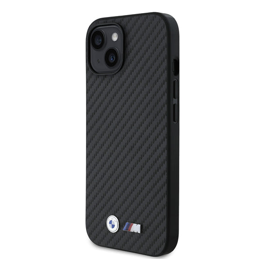 iPhone 15 Kılıf BMW Orjinal Lisanslı Karbon Fiber Tasarımlı ve Metal Logolu PU Deri Kapak