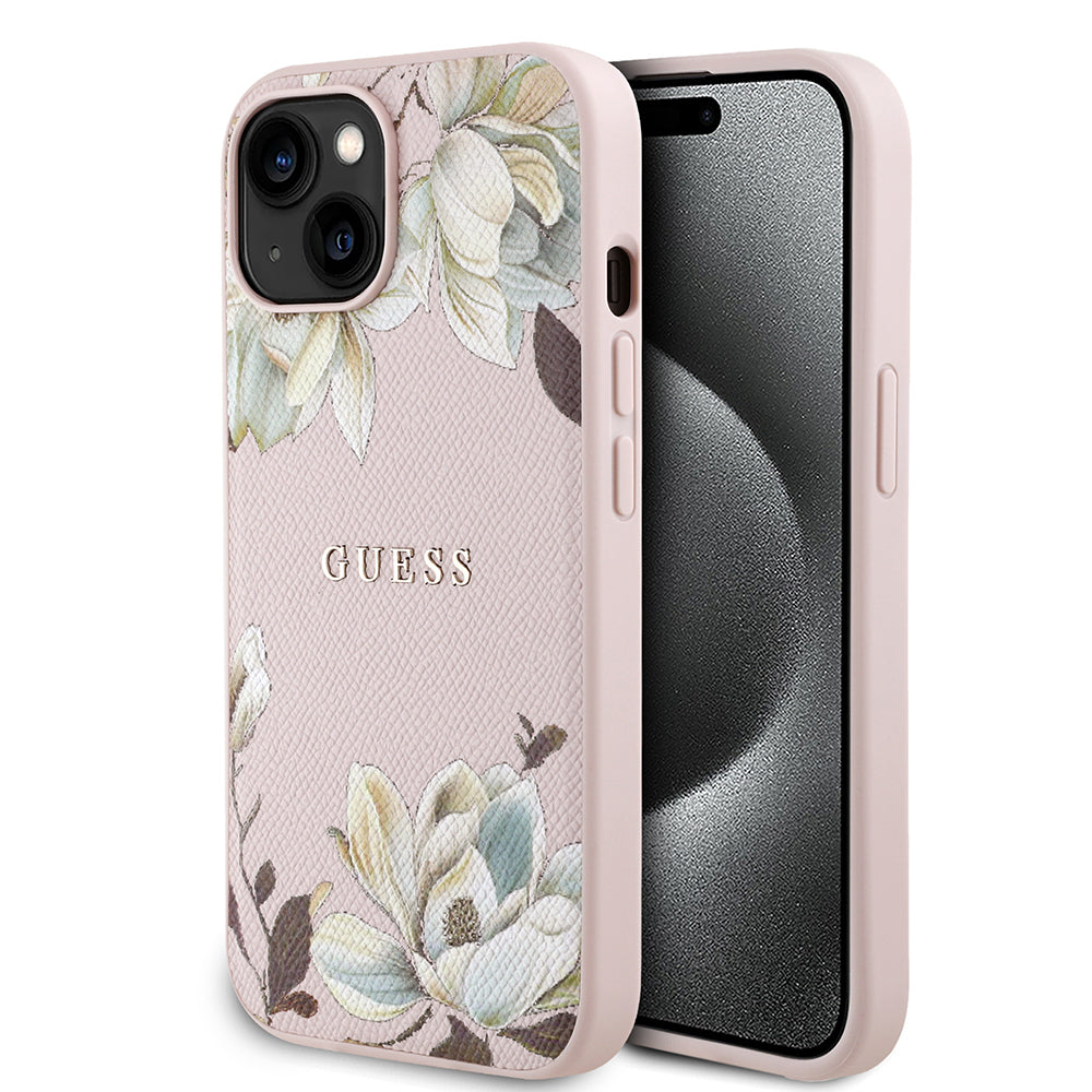 iPhone 15 Kılıf Guess Orjinal Lisanslı M-safe Şarj Özellikli Taneli Çiçek Tasarımlı Metal Yazı Logolu Kapak