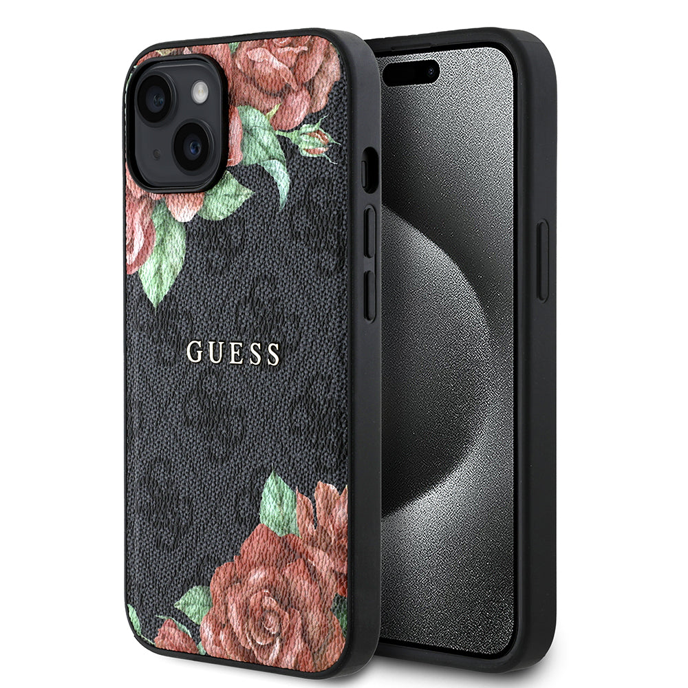 iPhone 15 Kılıf Guess Orjinal Lisanslı M-safe Şarj Özellikli Gül Baskılı 4G Desenli Yazı Logolu Kapak