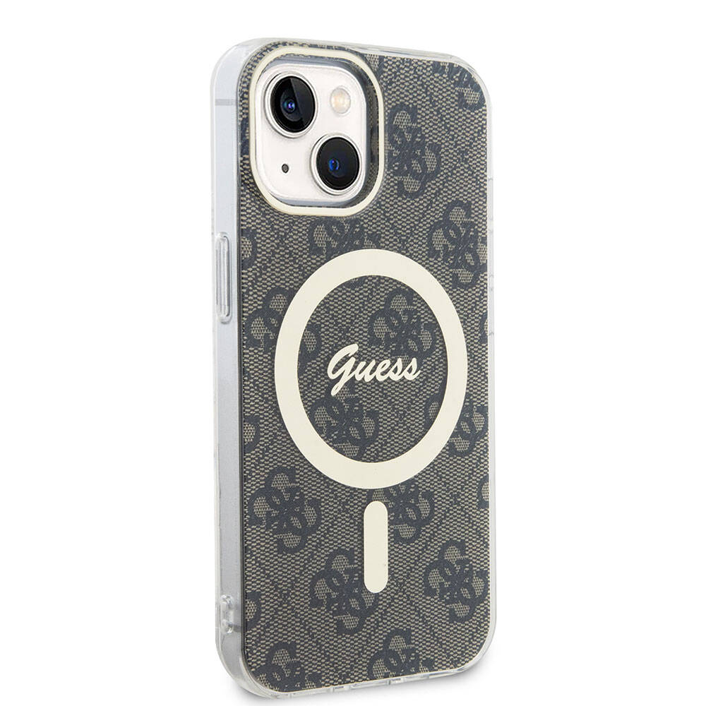 iPhone 15 Kılıf Guess Orjinal Lisanslı M-safe Şarj Özellikli Yazı Logolu 4G Desenli Kapak