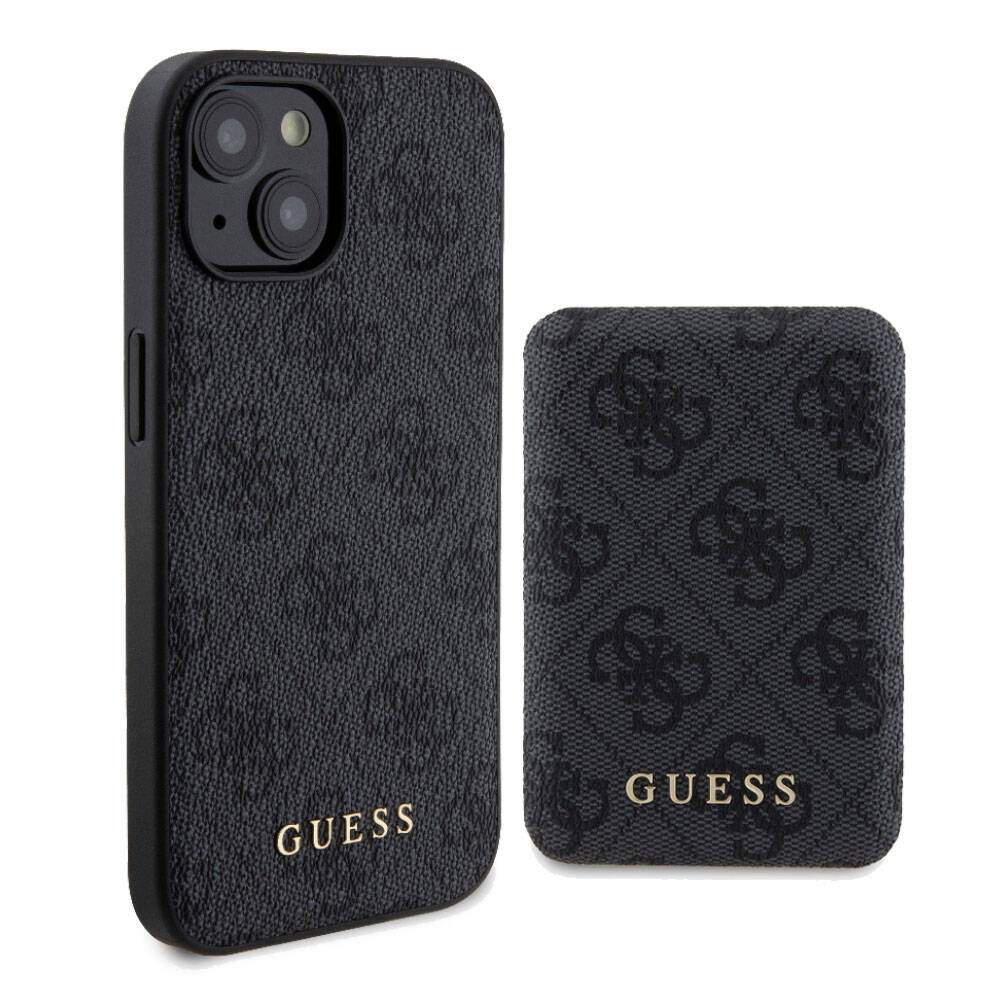 iPhone 15 Kılıf Guess Orjinal Lisanslı M-safe Şarj Özellikli Yazı Logolu 4G Desenli Kapak + Powerbank 5000mAh 2in1 Set