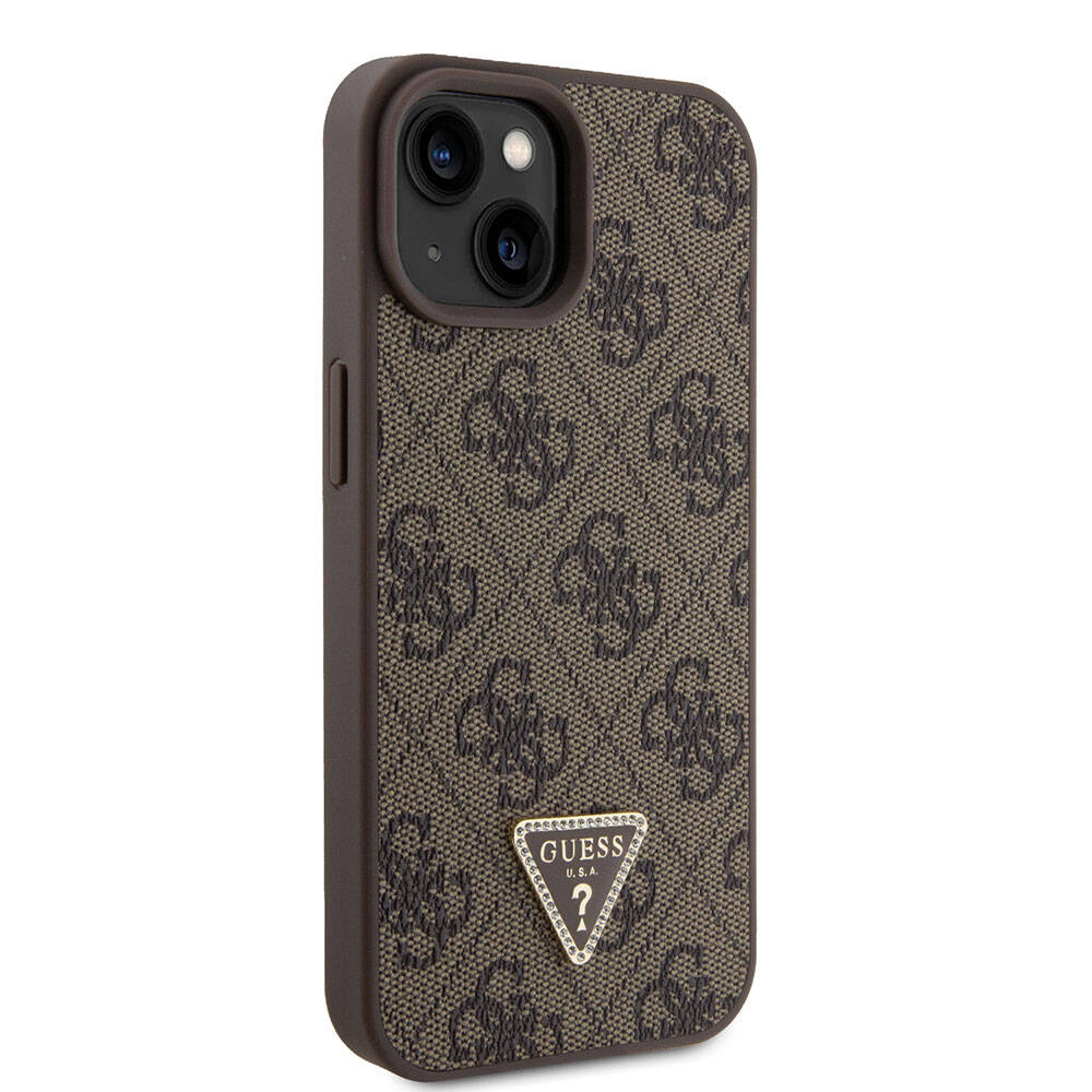 iPhone 15 Kılıf Guess Orjinal Lisanslı PU Deri Askılı Taşlı Üçgen Logo 4G Desenli Strass Crossbody Kapak