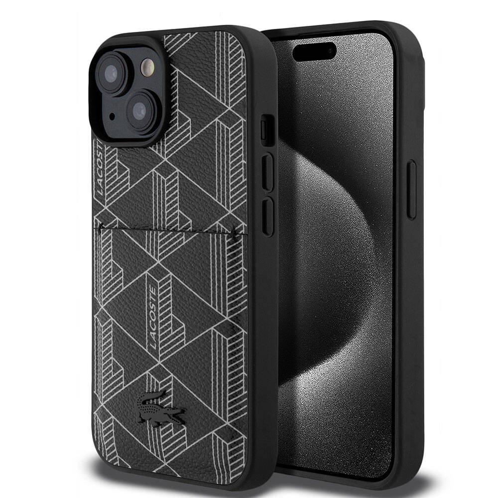 iPhone 15 Kılıf Lacoste Orjinal Lisanslı M-safe Şarj Özellikli PU Deri Görünümlü Kartlıklı Karışık Monogram Desenli Kapak