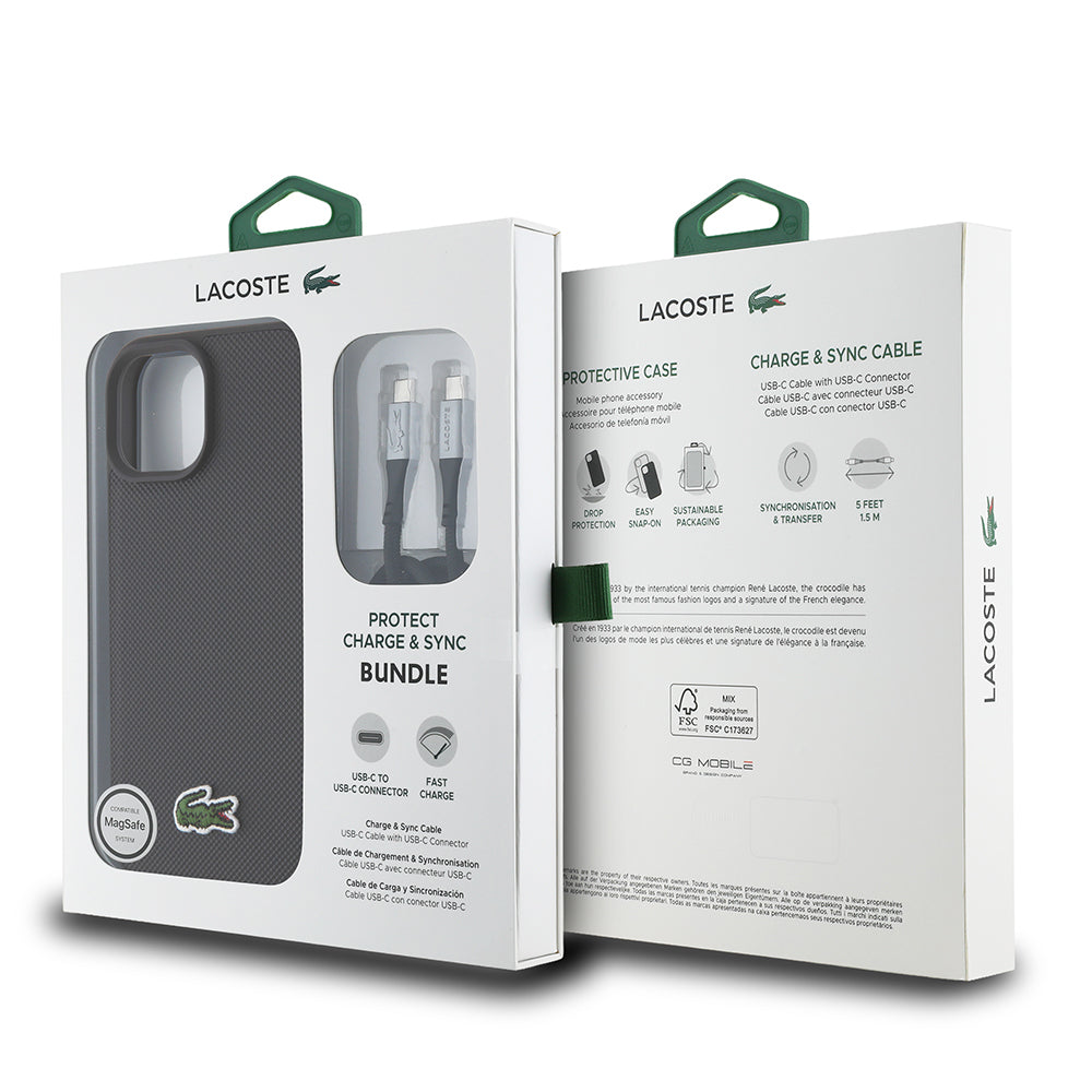 iPhone 15 Kılıf Lacoste Orjinal Lisanslı PU Pike Desenli Arka Yüzey İkonik Timsah Dokuma Logolu Kapak + Type-C Kablo 1.5m