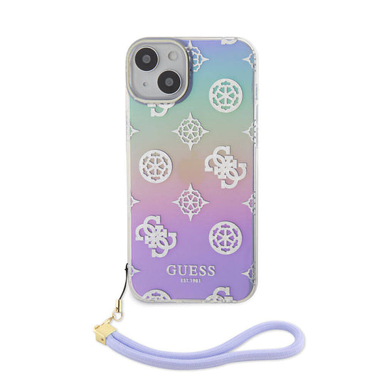 iPhone 15 Plus Kılıf Guess Orjinal Lisanslı Desenli Yazı Logolu Askı İpli Holografik Glitter Peony Kapak
