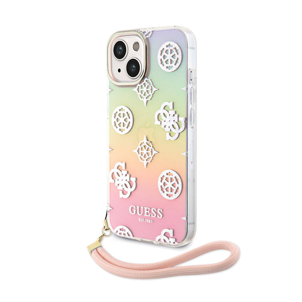iPhone 15 Plus Kılıf Guess Orjinal Lisanslı Desenli Yazı Logolu Askı İpli Holografik Glitter Peony Kapak