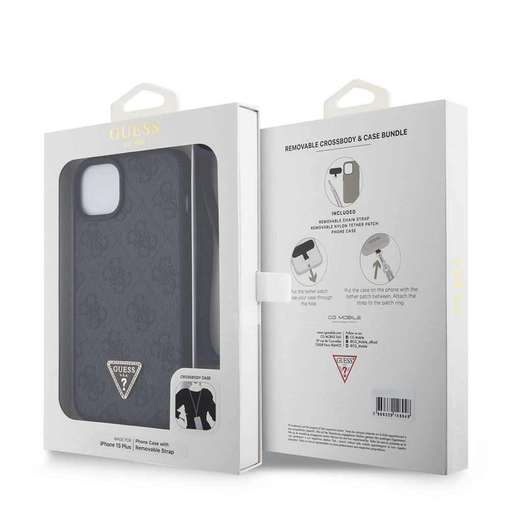 iPhone 15 Plus Kılıf Guess Orjinal Lisanslı PU Deri Askılı Taşlı Üçgen Logo 4G Desenli Strass Crossbody Kapak