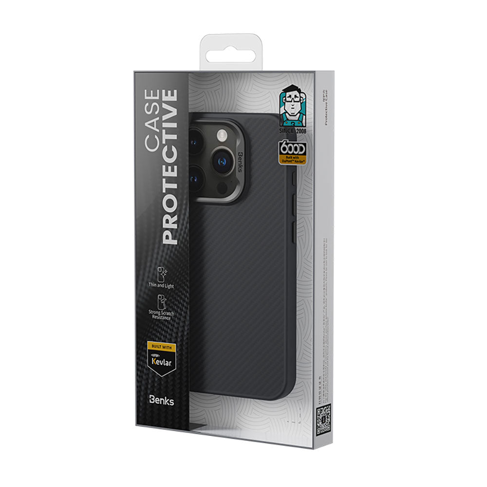 iPhone 15 Plus Kılıf Karbon Fiber M-safe Şarj Özellikli Benks Hybrid ArmorPro 600D Kevlar Kapak
