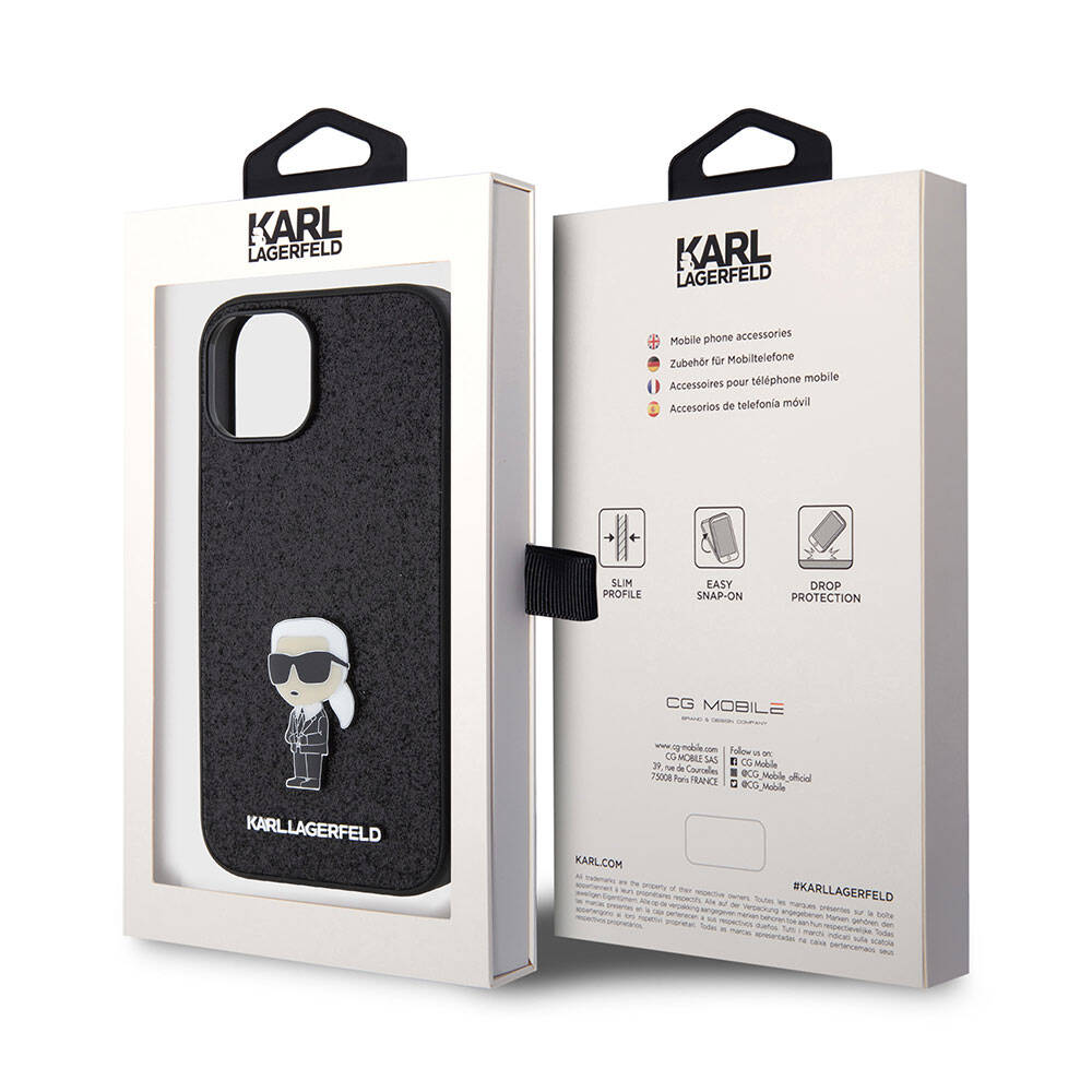 iPhone 15 Plus Kılıf Karl Lagerfeld İkonik Fixed Glitter Metal Logo Orjinal Lisanslı Kapak