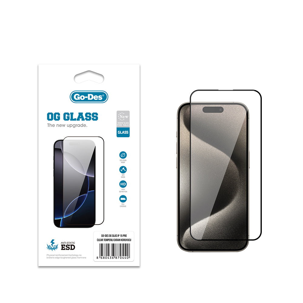 iPhone 15 Pro Go Des OG Glass Antistatik Temperli Cam Ekran Koruyucu