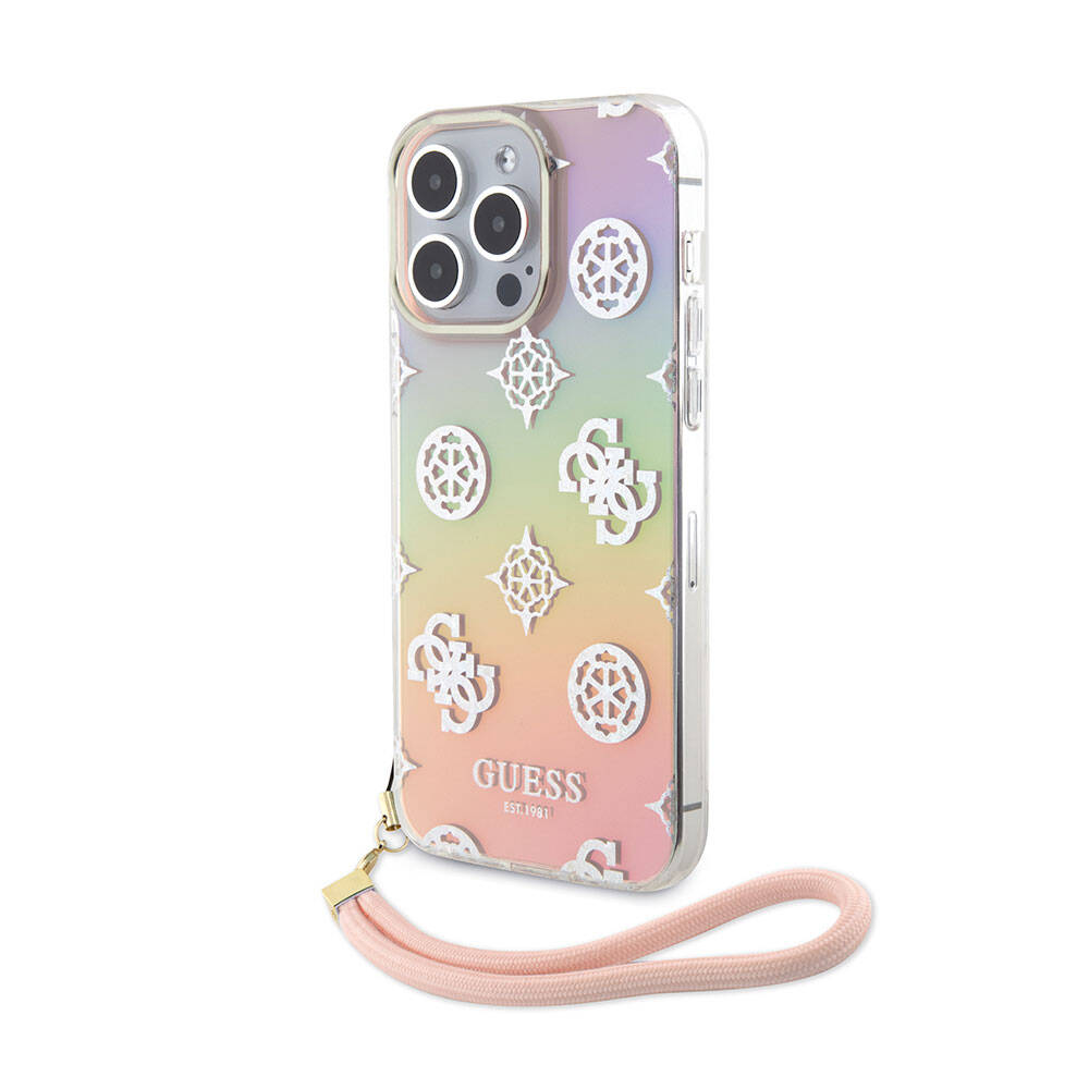 iPhone 15 Pro Kılıf Guess Orjinal Lisanslı Desenli Yazı Logolu Askı İpli Holografik Glitter Peony Kapak