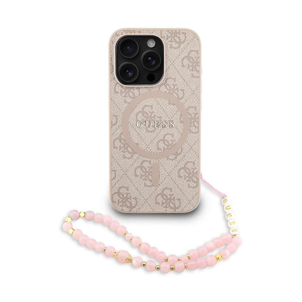 iPhone 15 Pro Kılıf Guess Orjinal Lisanslı M-safe Şarj Özellikli PU Deri Bilek Askı İpli Yazı Logolu Kapak