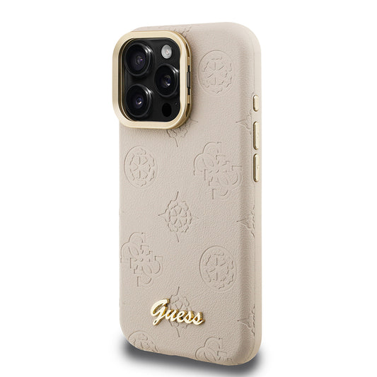 iPhone 15 Pro Kılıf Guess Orjinal Lisanslı M-safe Şarj Özellikli Sıcak Baskılı Yazı Logolu Kamera Standlı PU Deri Peony Kapak