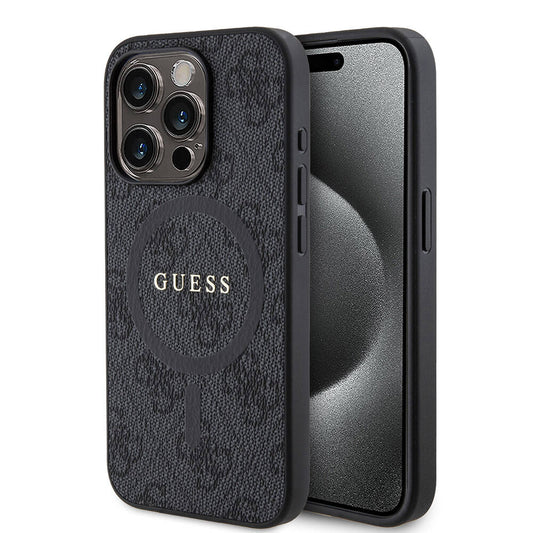 iPhone 15 Pro Kılıf Guess Orjinal Lisanslı M-safe Şarj Özellikli PU Halkalı 4G Desenli Yazı Logolu Kapak