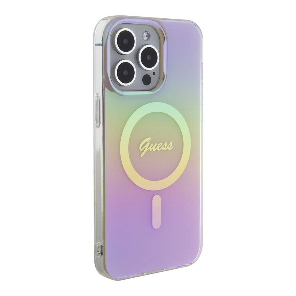 iPhone 15 Pro Kılıf Guess Orjinal Lisanslı M-safe Şarj Özellikli Yazı Logolu Iridescent Kapak
