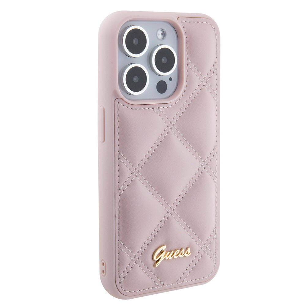 iPhone 15 Pro Kılıf Guess Orjinal Lisanslı PU Deri Metal Yazı Logolu Kapitone Kapak