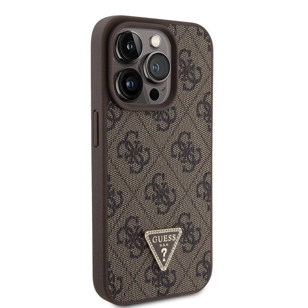 iPhone 15 Pro Kılıf Guess Orjinal Lisanslı PU Deri Taşlı Üçgen Logo 4G Desenli Strass Kapak